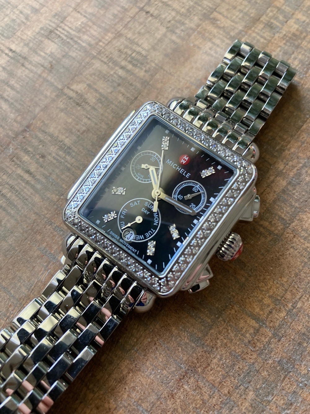 Michele Deco Stainless Steel Watch with Black Dial and Diamond Accent - Picture 2 of 7